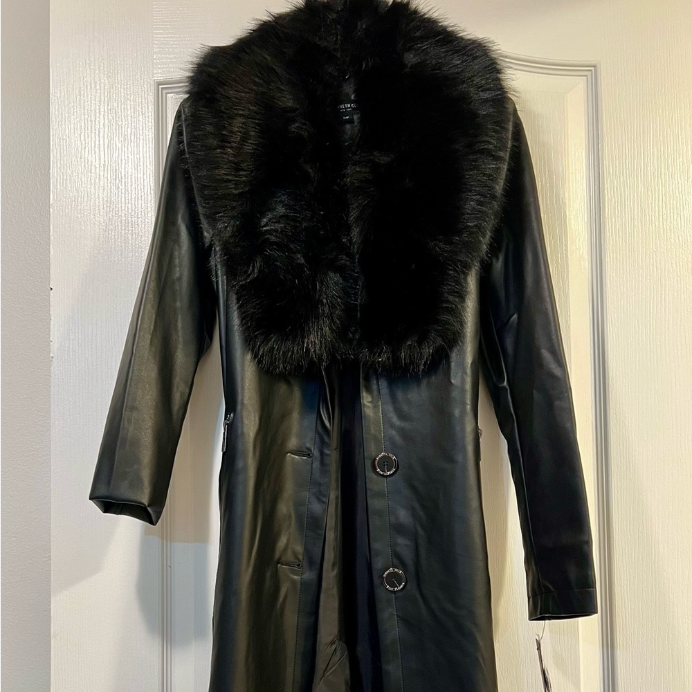 Kenneth Cole’s long trench  faux leather fabric and plush faux fur shawl collar